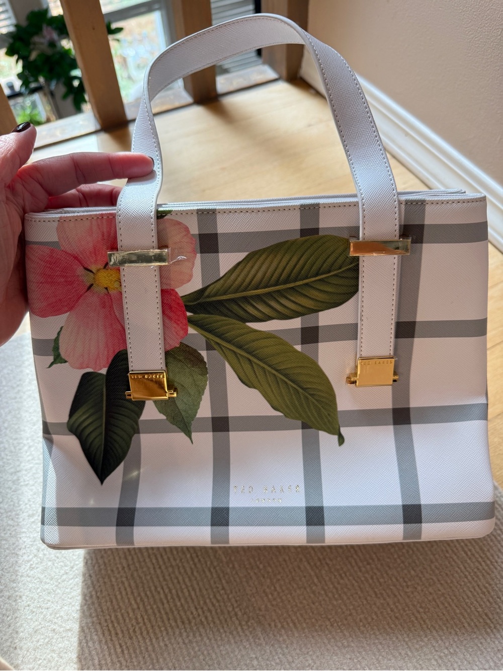 Ted Baker London Floral Check Tote Satchel Crossbody White Gold NWOT